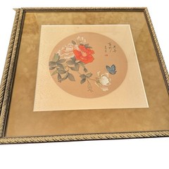 Pair of Vintage Asian Chinese Butterfly Flowers Watercolor on Silk Framed-Read