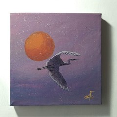 Original Acrylic Bird Painting Crane Sunset Impressionist Landscape Canvas Art