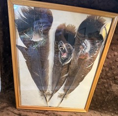 3- Turkey feathers painted and signed Indian tee pee, black bear & Indian 2002
