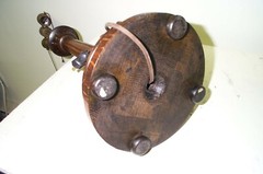 American Carved Oak Lamp w/ Painted Tole Shade, c1910