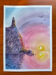 BIRDS LIGHTHOUSE Original Modern Artworks Painting Seascape SUN SKY Arts Gift A4