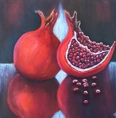 Original Art Oil Painting Red Pomegranates on Canvas 30x30cm Fruits Still Life