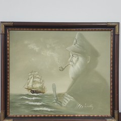 Vintage L. Willy Original Oil Painting Sea Captain Pipe Ship Nautical Art 20×24