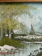 Landscape Oil Painting River Woods Gold Green Frame Vtg Signed 9.5×7.5” READ