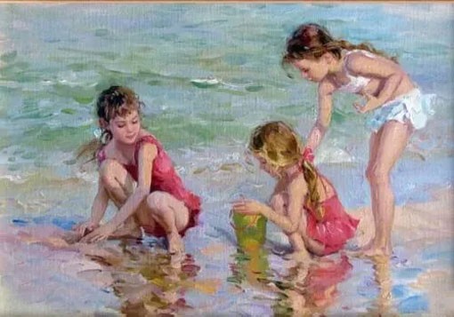 MQ1239 Handmade Painted Three Little Girls By Sea Oil Painting Canvas Wall Art