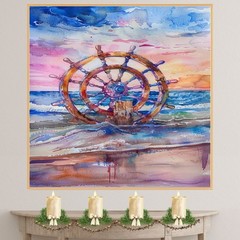 Watercolor Painting of Nautical Ship Wheel on Ocean Shore with Colorful Sunset