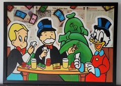 Cartoon Money Poker Framed Signed Painting on Canvas OOAK, 44 x 30 in