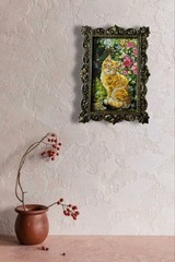 Orangey Painting Cat Original Art Landscape Wall Art Framed Painting Flowers Art