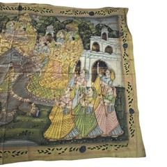 Vintage Antique Indian Mural Painting Cloth Linen Silk Royal Procession Elephant