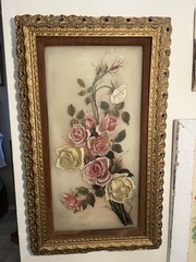 Antique Victorian Rose Oil Painting On Glass. Rare. Pink & yellow & White