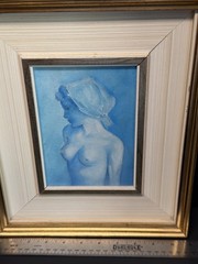 Vintage MCM Oil Painting Nude Portrait Woman In Blue Tones Framed EUC