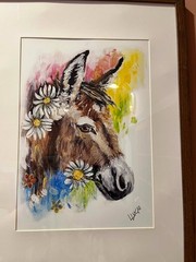 Framed watercolor painting donkey adorned with flowers signed 17.5 x 12.5 in