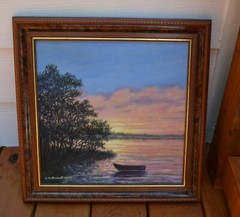 ASHORE AT DUSK – 15X15 inch original framed oil painting by K. McDermott