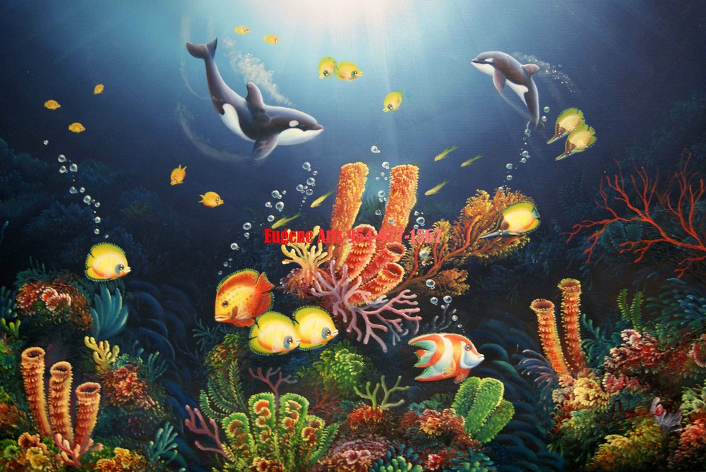 24×36″ (61x92cm)100% hand painted oil flat,50% OFF, Fish/ Dolphin/Ocean/Deep Sea