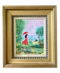Louis Cardin Enamel on Copper Painting Signed Framed 1978 Red Lady & Child READ