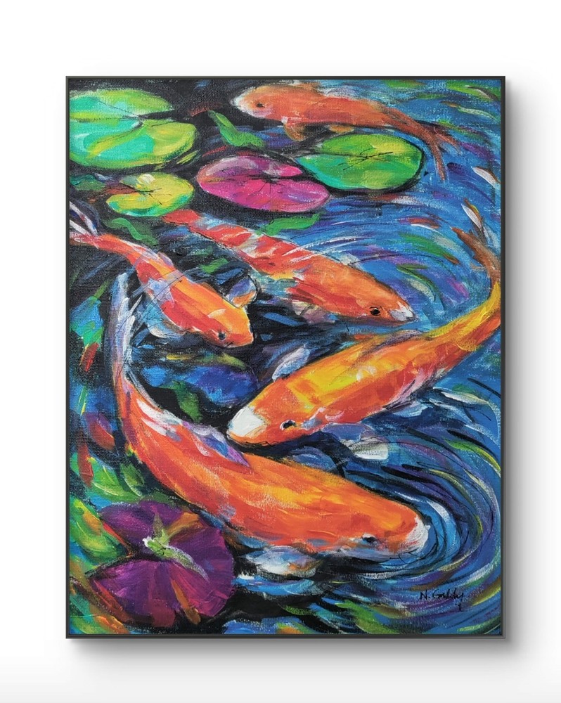Original Abstract Expressionism Colorful Koi Fish 14 x 11 Canvas Wall Painting