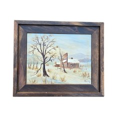 Winter Landscape Painting Wall Art Wooden Frame Signed Cozy Cabincore Vintage