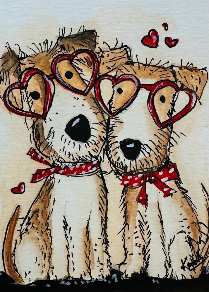 Cute Dog Couple Heart Glasses ACEO Original Watercolor Painting Folk Art OOAK