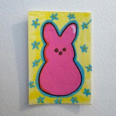 ACEO Original Acrylic Painting Cute Easter Bunny “Pink Peep” by SunflowaPowa