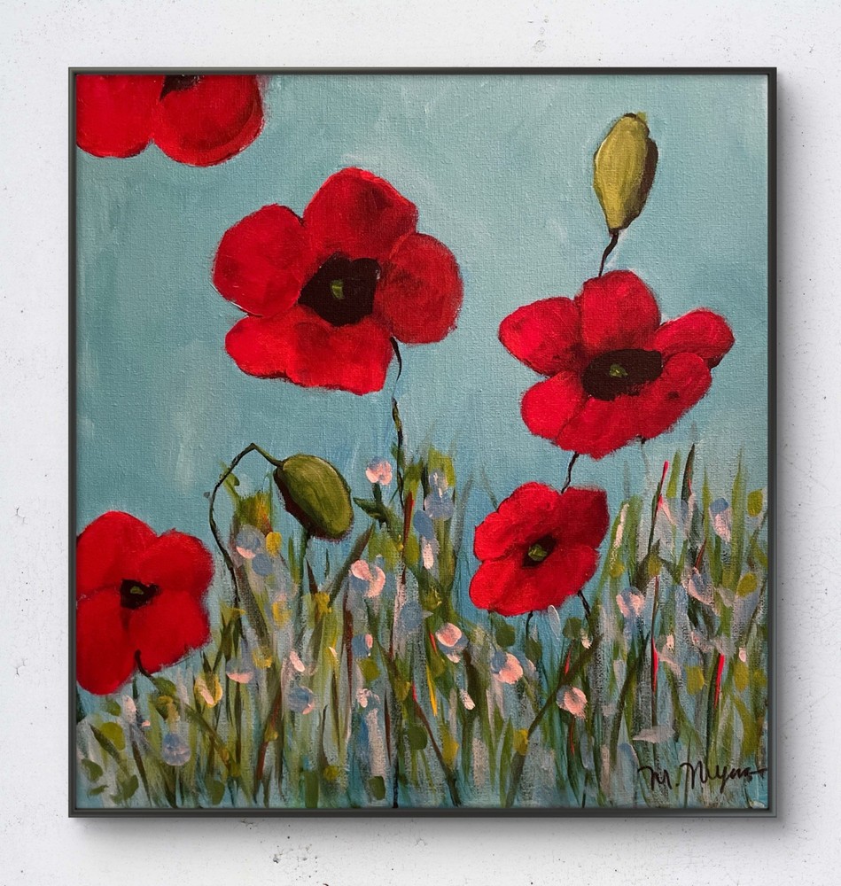 Mary Myers Original Red Poppies 14×14 Acrylic Signed Expressionist Floral