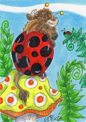 ACEO Original Buffalo Lady Bug Mushroom Loberg Fantasy Mini tiny Art bison Ferns