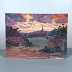 Antique Vintage French Watercolor Landscape Perros Guirec Brittany Church Signed