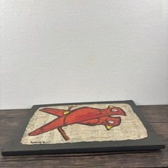 Mid Century Modern 1960s Textured Paper Cardinal Painting Mounted Wood Art MCM
