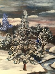 Winter Cottage With Creek Oil On Wood Painting By Victor 17 1/16×14 1/32 Framed