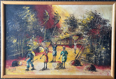 Vintage Haitian Folk Art Oil Painting – Caribbean Village Scene – Signed Michel