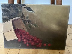 1800s Oil On Canvas Cherries Spilling From Basket Still Life Antique Painting