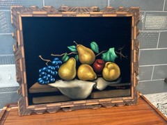Oil on Velvet Still Life Painting Wine Fruit Carved Framed Vintage Signed