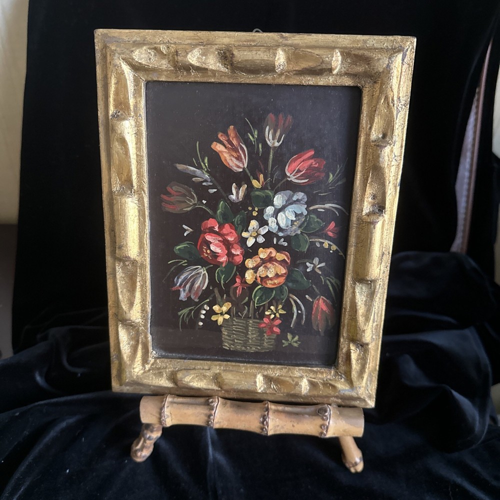 Spanish Hand Painted Still Life Gold Frame And Bamboo Stand