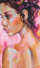 Acrylic original painting on panel with brunette woman portrait on the pink back