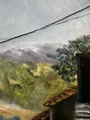 Oil Painting MCM Signed Village Street Scene Buck Saunders Gallery Scottsdale AZ