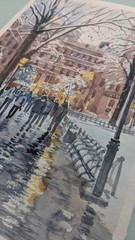 Urban Winter Evening City Watercolor Painting Snowy Road Street Lights A4 Art
