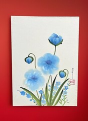 Original Sumi Ink Watercolor Painting Blue Poppies Artist Seal With Signature