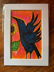original art acrylic folk art painting crow sunflower bird 4x6in paper matted