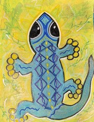 Folk Art Desert Lizard Blue, Yellow , Moody Virgo Art Mixed Media