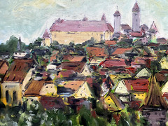 :OIL PAINTING CASTLE HARBURG SWABIA GIANT ° SIGNED KAMINSTKY ANTIQUE MEDIEVAL