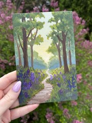 Original Painting, 4″x6″ Forest Path Fantasy Flowers, by alittleartistree