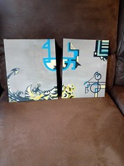 Original Vintage Modern Geometric Art 80s 90s Acrylic (2) 8×10″ Painting Set