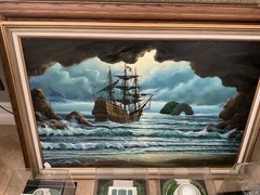 Maritime Galleon Matted/Framed Oil Painting c.1970’s 40″x28 1/2″ view from Cave