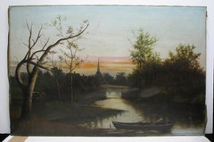 Large and Old Oil Painting on Canvas – Sunrise Stream Scape & Church Spire