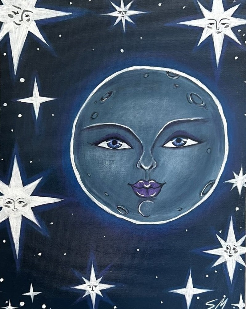 Original acrylic Folk painting on canvas signed 8 x 10 Full Moon and Stars