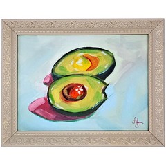 Original Oil Painting Avocado Still Life Framed 6×8 Modern Kitchen Art