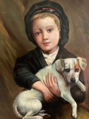 Portrait of a Boy with Jack Russell Dog Oil Painting on Canvas Old Master Style