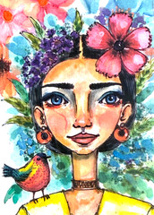Original Frida Inspired Woman Bird ACEO Watercolor Painting OOAK Folk Art