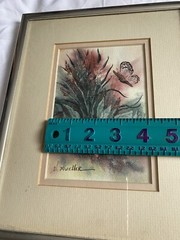 Original Watercolor Signed V. Mueller Butterfly And Flowers Leaves Plant Green