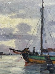 Impressionist Johan Kock 1869-1944 Evening Sea with Fishing Boat Oil Painting