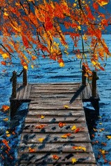 Original Oil Painting Autumn Lake Landscape Wooden Dock Fall Trees Framed Art